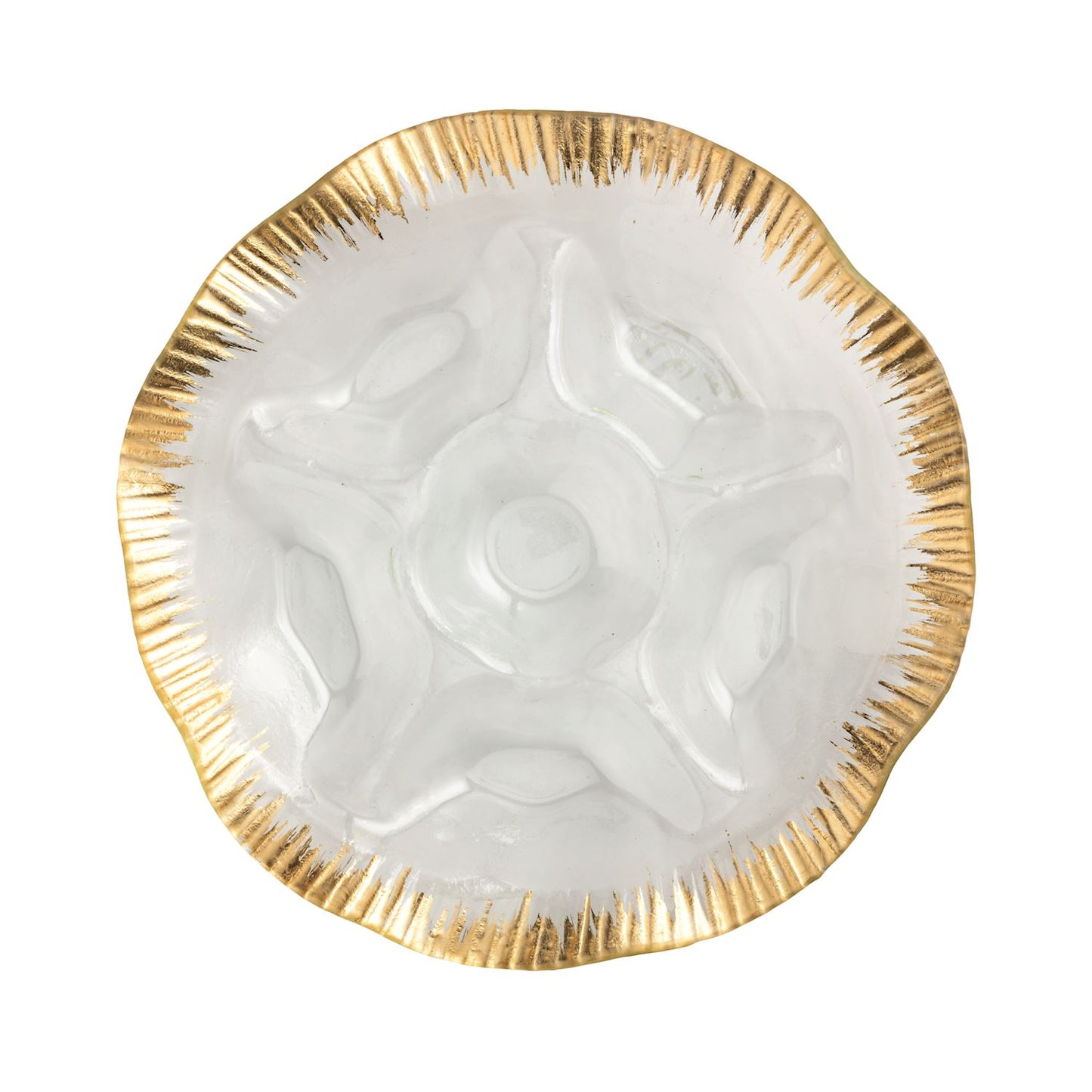 Decorative glass plate with gold rim and divided sections on a white background