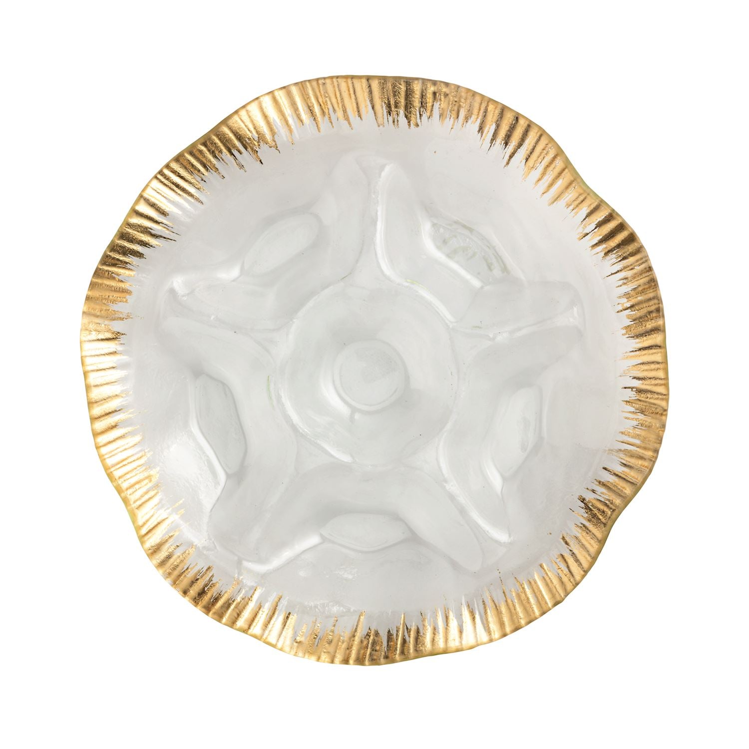 Decorative glass plate with gold rim and divided sections on a white background