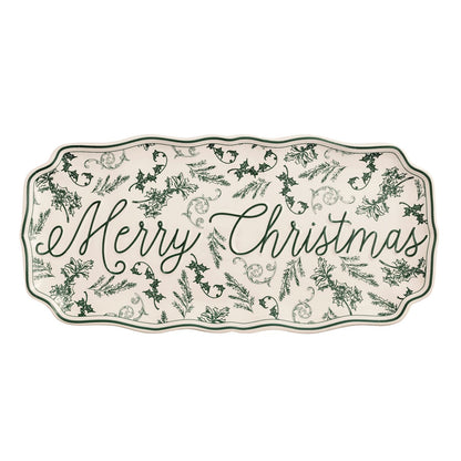 green toile platter with merry christmas in script across the center