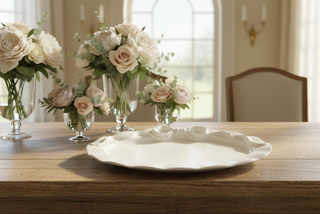 Decorative table setting with flowers and a large white platter with bow design on a wooden table.