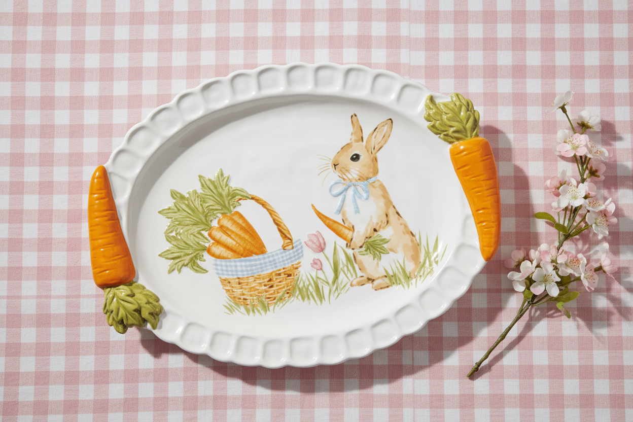 oval platter with carrot handles and bunny artwork in the center set on a pink gingham cloth with pink flowers next to it