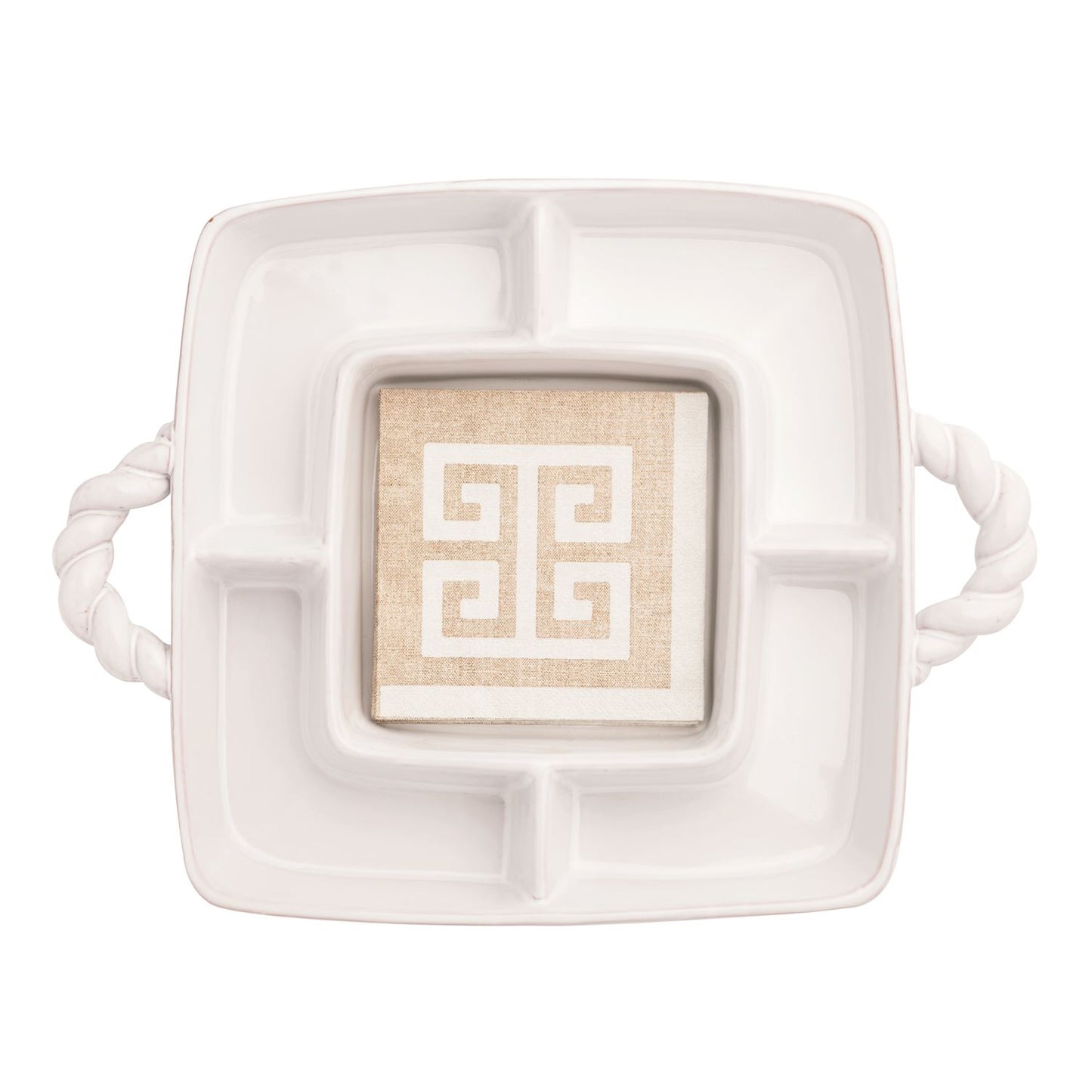 white 5 section square platter with greek key napkins in the middle