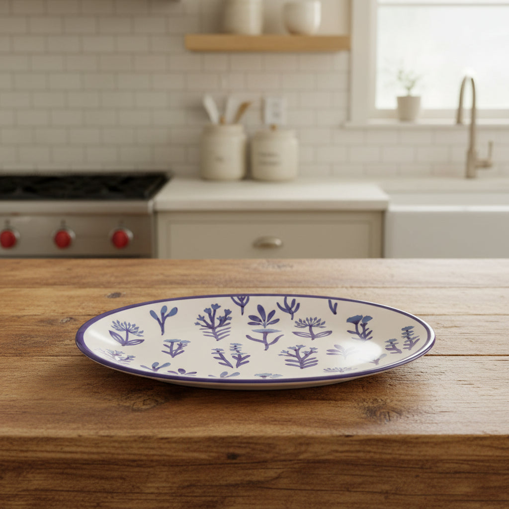 white ceramic oval platter with blue flowers and blue rim set on a kitchen counter