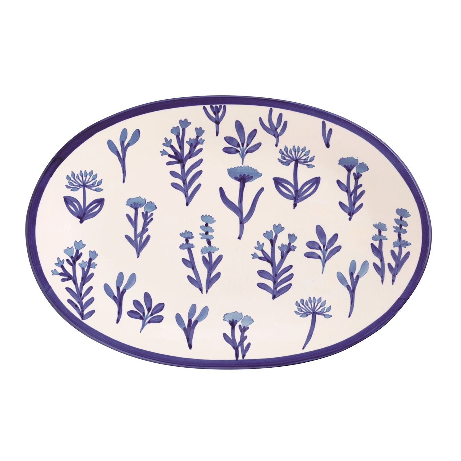 Oval platter with blue floral pattern and blue rim shown on a white background