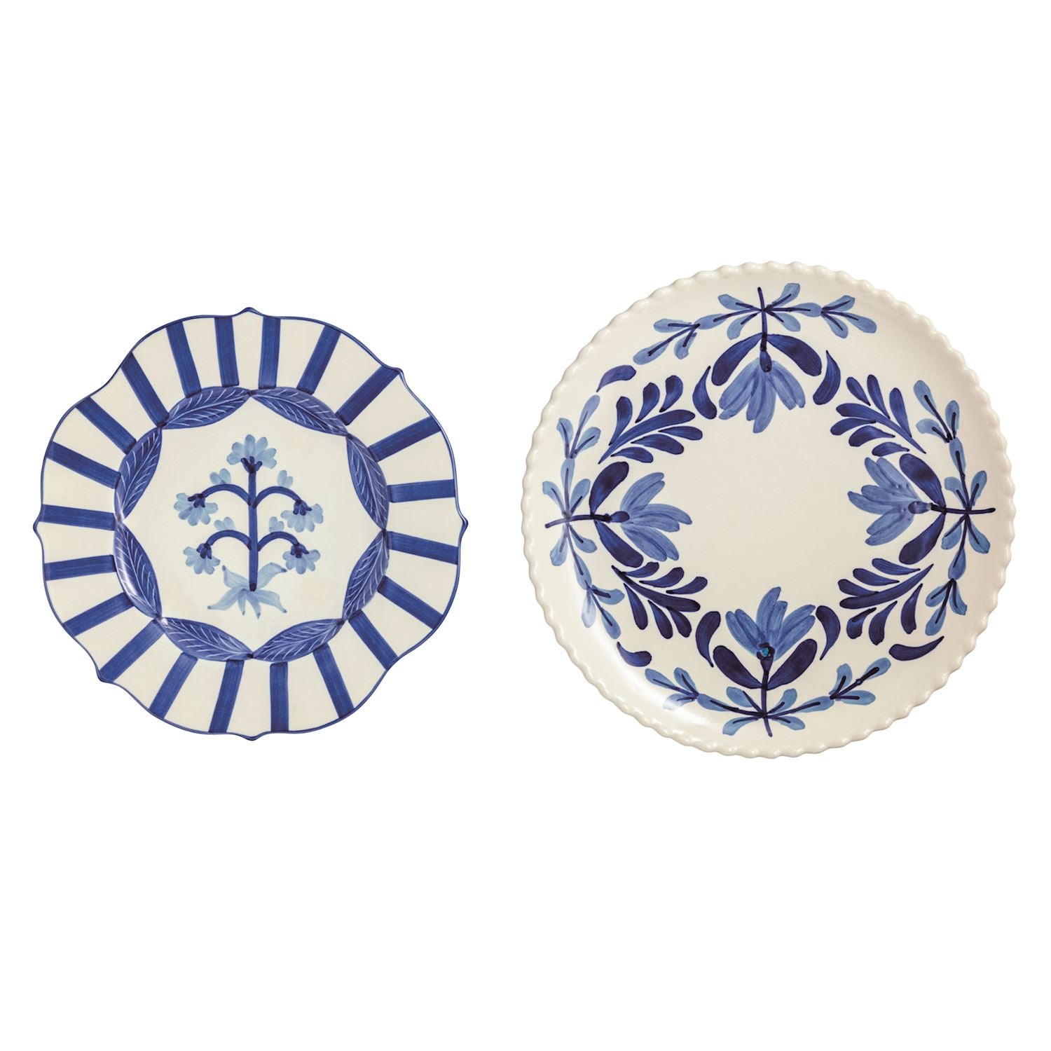 2 round ceramic platters with blue flower designs shown on a white background