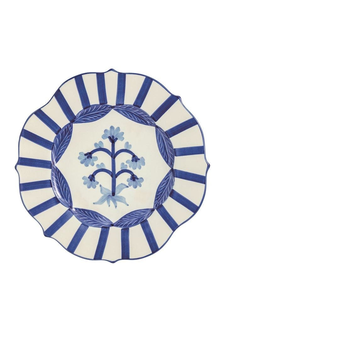 platter with blue flowers in the center and stripes around the perimeter