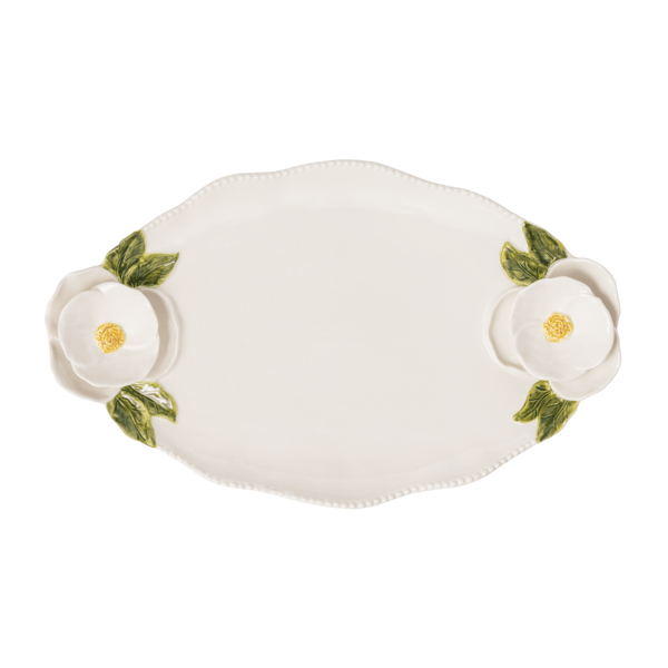 white platter with floral handles shown on a white background