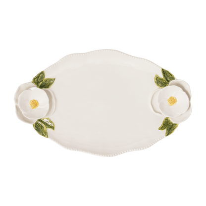 white platter with floral handles shown on a white background