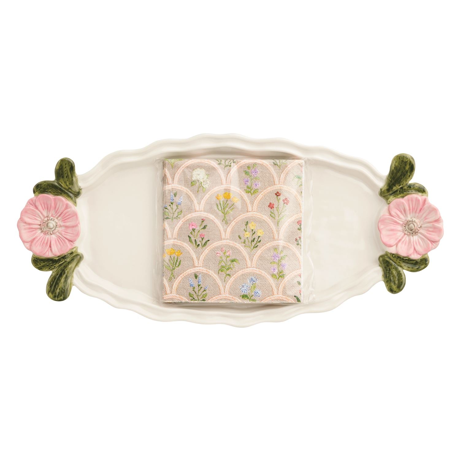 flower handle tray and napkins shown on a white background