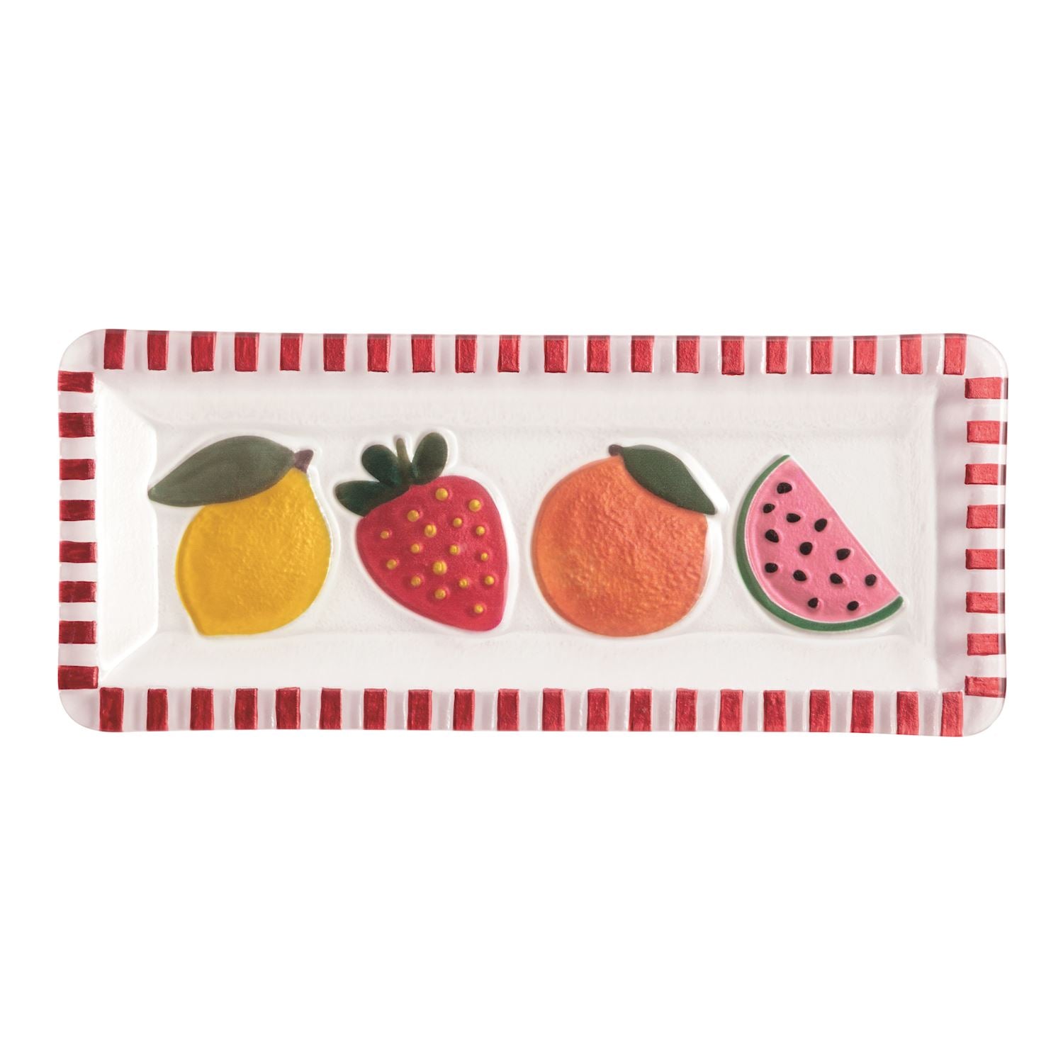 rectangle glass plate with a red strip edge and a lemon, strawberry, orange, and watermelon slice on it