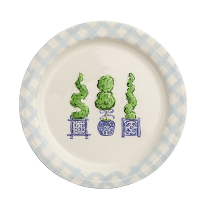 round ceramic platter with topiary design in the center and blue gingham boarder
