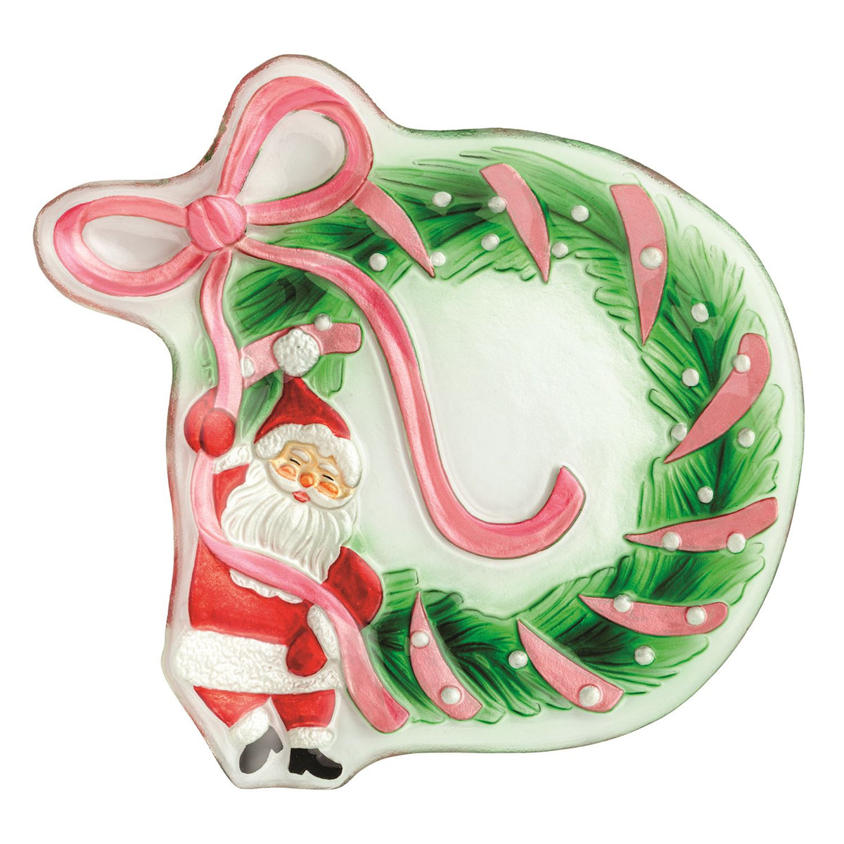 Glass Santa Bow Wreath Platter shown on a white background