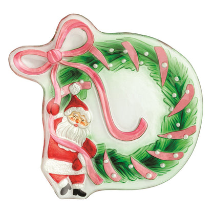 Glass Santa Bow Wreath Platter shown on a white background