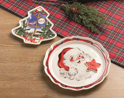 santa and tree platters on a food table