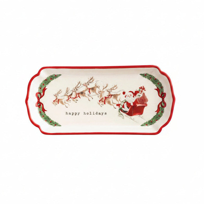 happy holidays tray with image of santa in his sleigh being pulled by reindeer and 'happy holiday' printed along the bottom