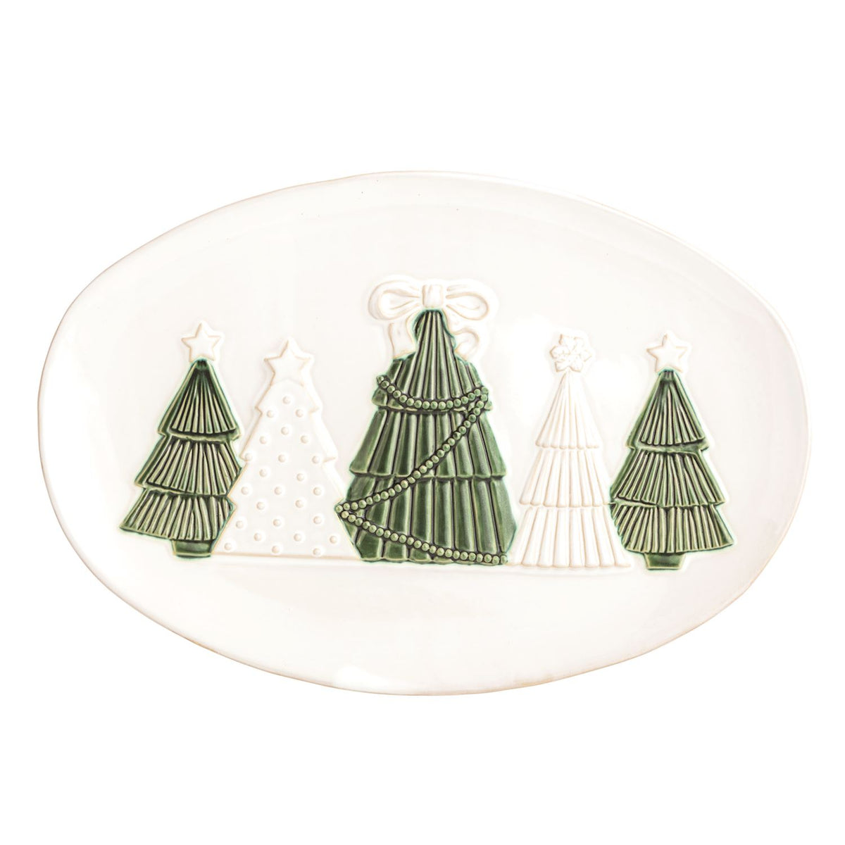 white oval platter with a row of trees in the center shown on a white background