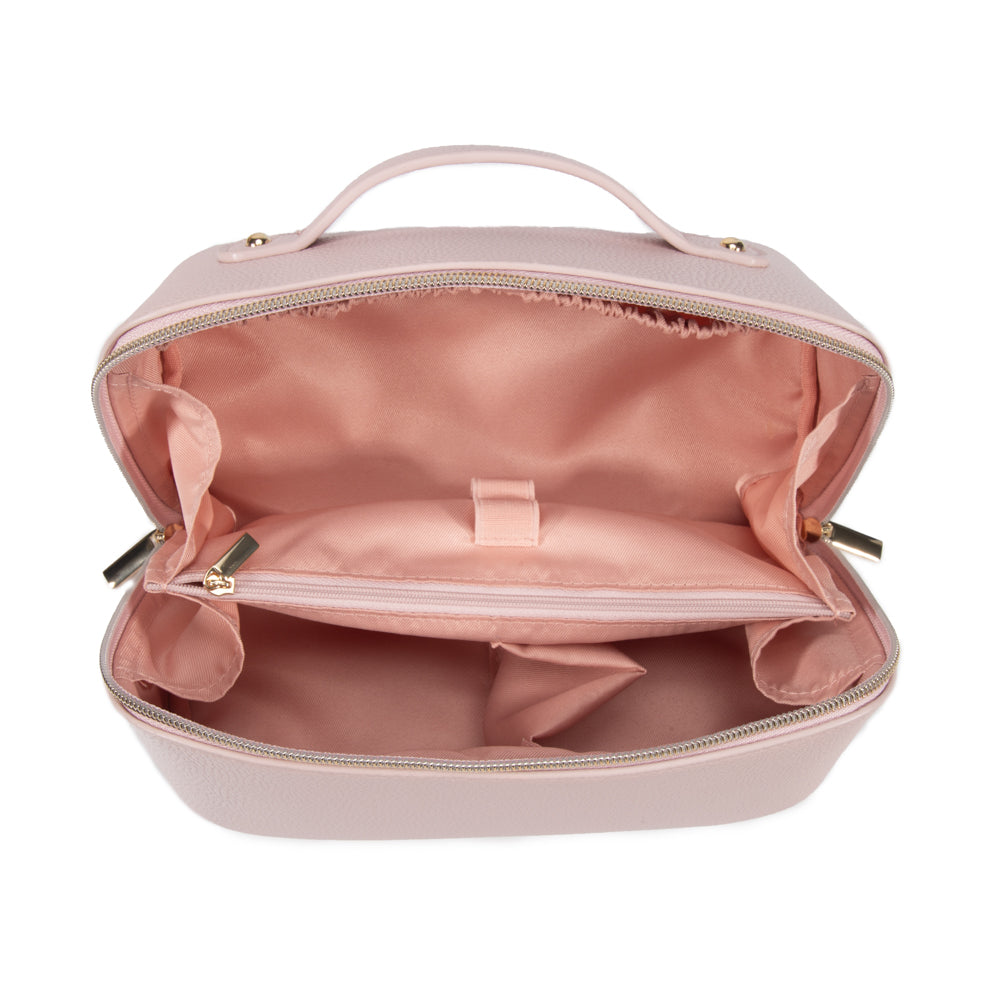 unzipped Leah Cosmetic & Toiletry Bag in pale pink showing multiple compartments and pockets inside