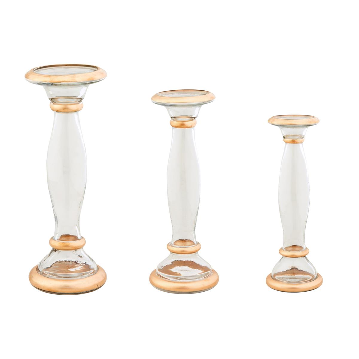 3 sizes of glass and gold candlesticks on a white background.