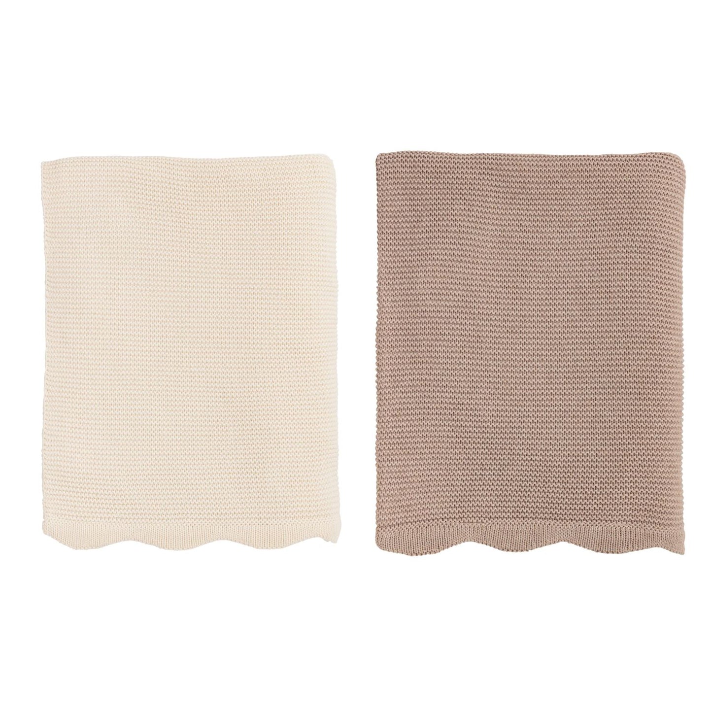 Two knitted blankets, one beige and one brown, folded on a white background