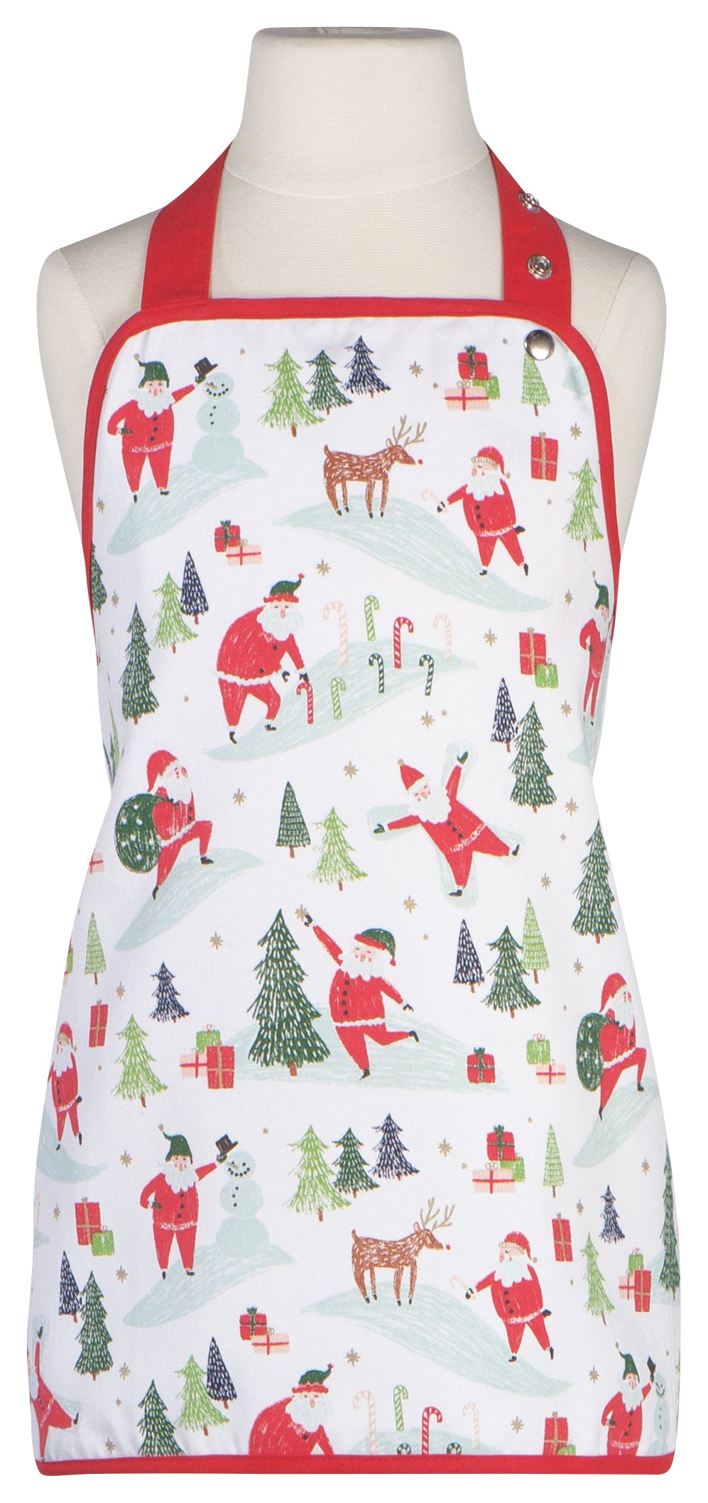 kids apron covered in santas, snow, reindeer, and trees and displayed on a mannequin against a white background