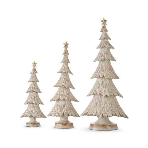 3 sizes of white and gold trees in a row on a white background.