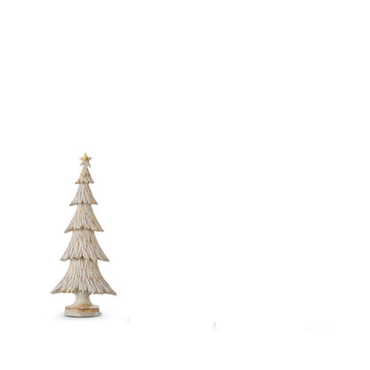 smallest golden tree with tired design and star on top shown on a white background