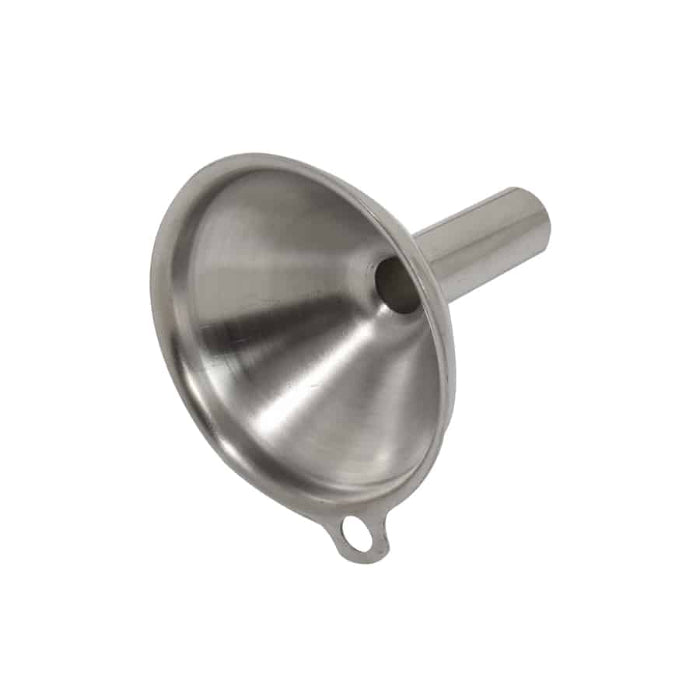 side view of Stainless steel funnel on a white background