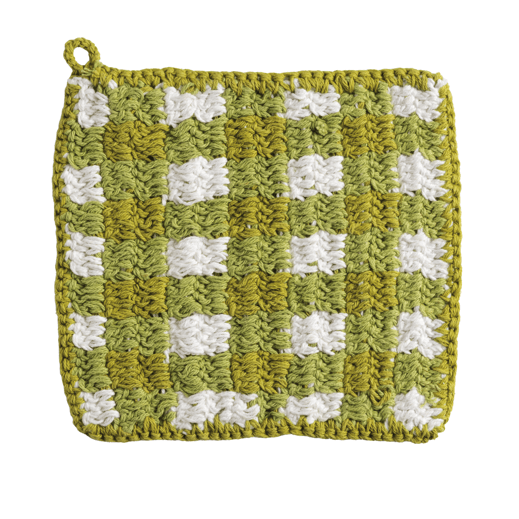 Green and white checkered potholder on a white background
