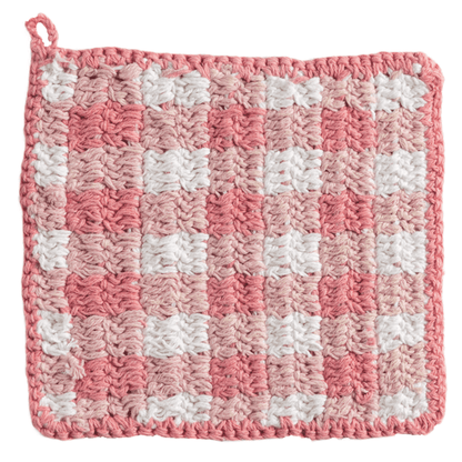 Pink and white checkered potholder on a white background