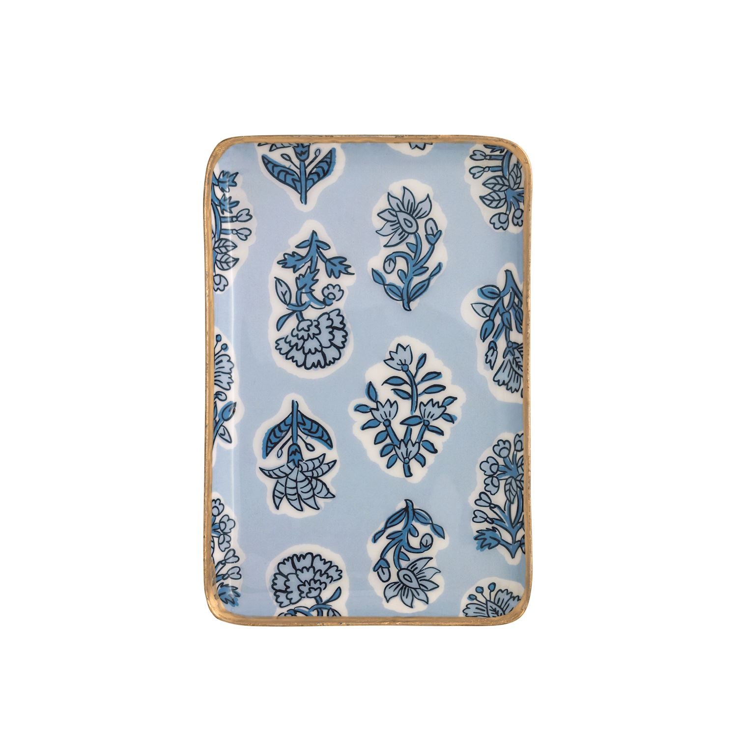 pale blue tray with blue floral design and gold rim shown on a white background
