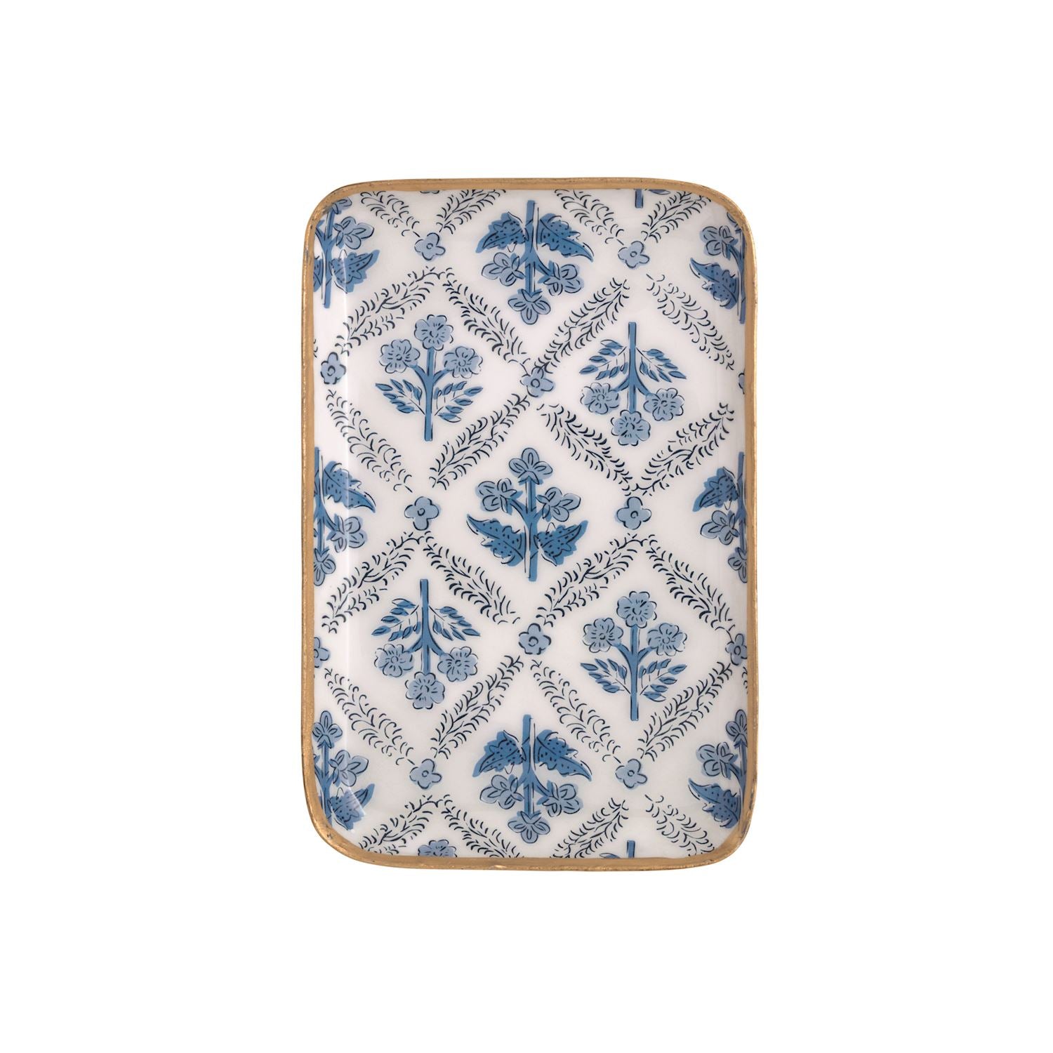 tray with blue floral design and gold rim shown on a white background