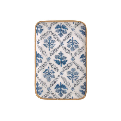 tray with blue floral design and gold rim shown on a white background