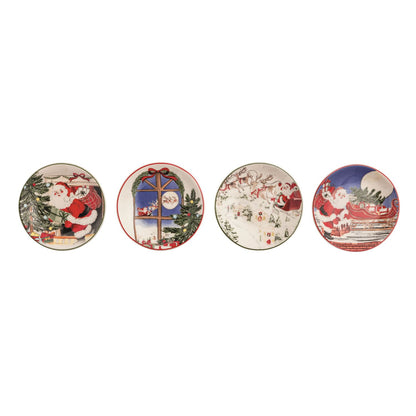 4 santa plates in a row on a white background