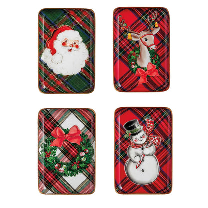 4 tartan enamel trays shown on a white background