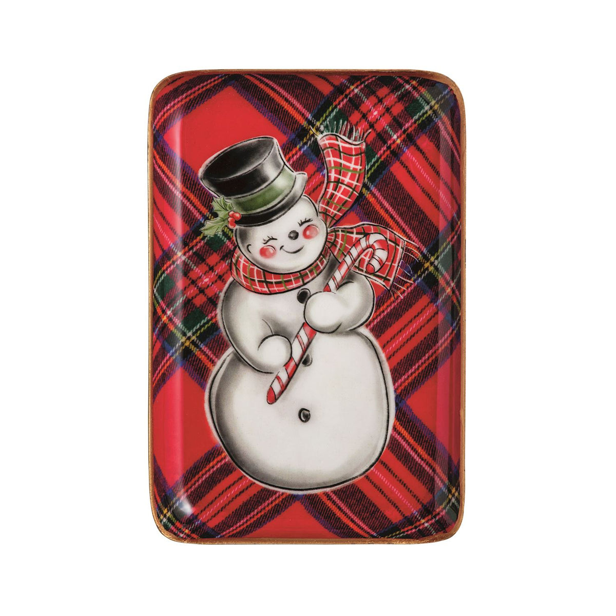 Rectangular tray with a snowman design on a red plaid background