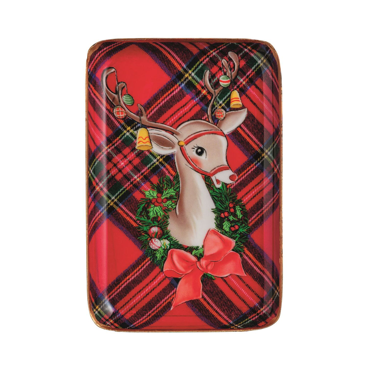 rectangular tray with image of a reindeer on a red tartan background