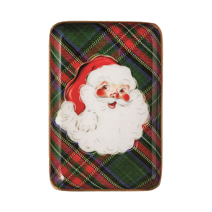 rectangular tray with image of santa on a green tartan background