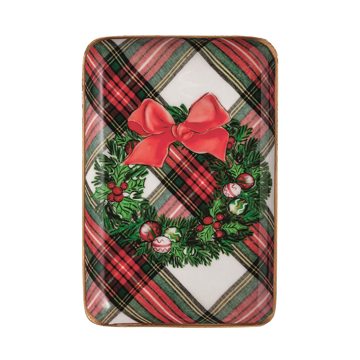 Decorative tray with Christmas wreath and bow design on a plaid background