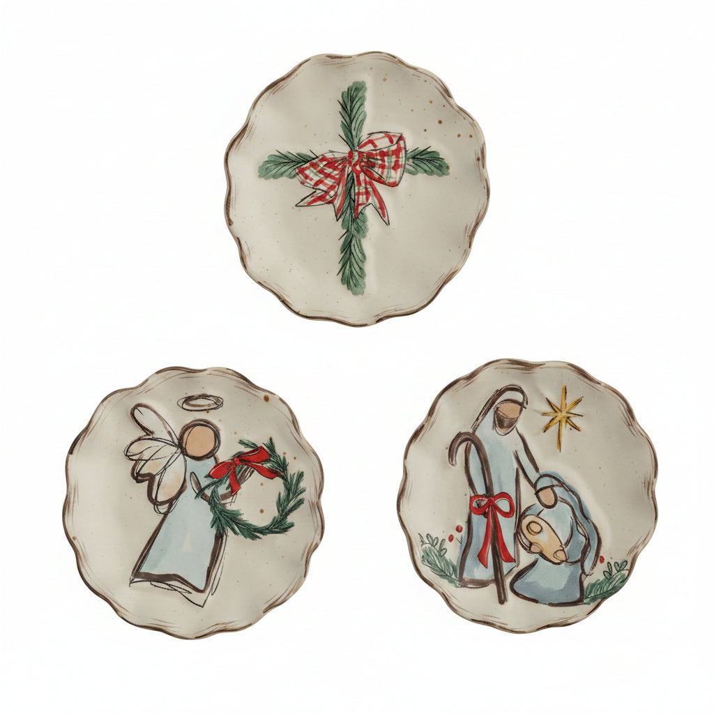3 assorted tidbit plates shown on a white background