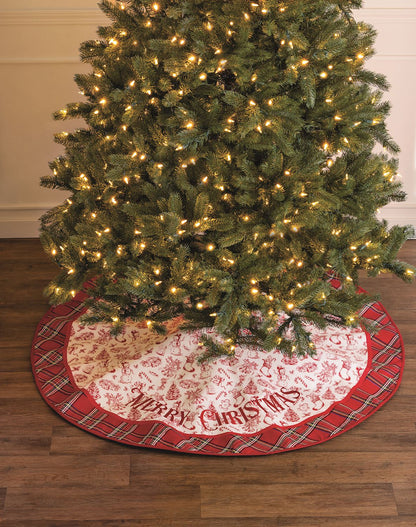 Toile Tree Skirt draped around a christmas tree