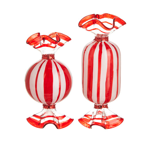 2 shapes of glass peppermint ornaments displayed on a white backgorund.