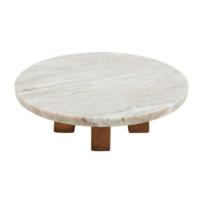 marble slab on wooden legs shown on a white background.