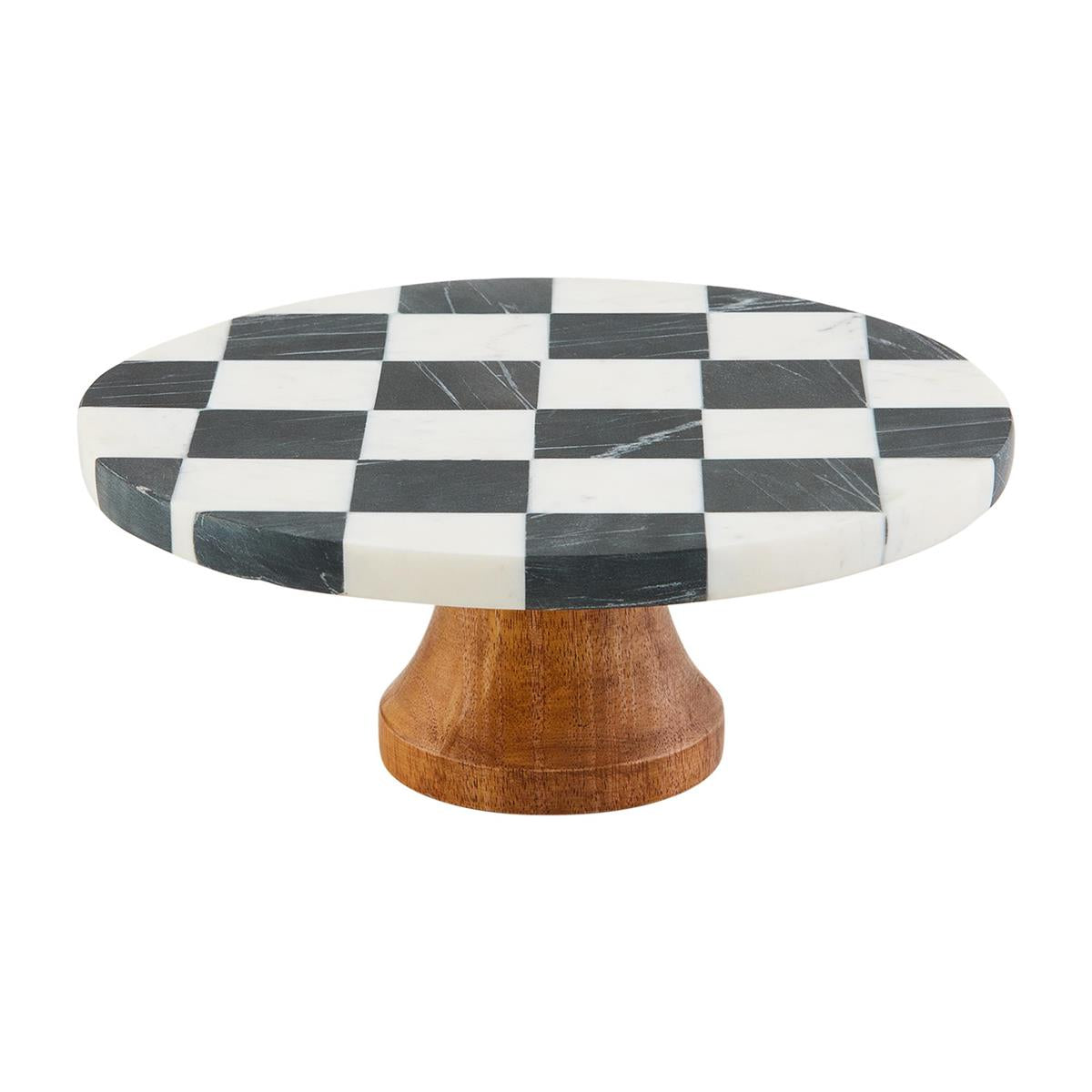 black and white check marble cake plate with a mango wood pedestal on a white background.