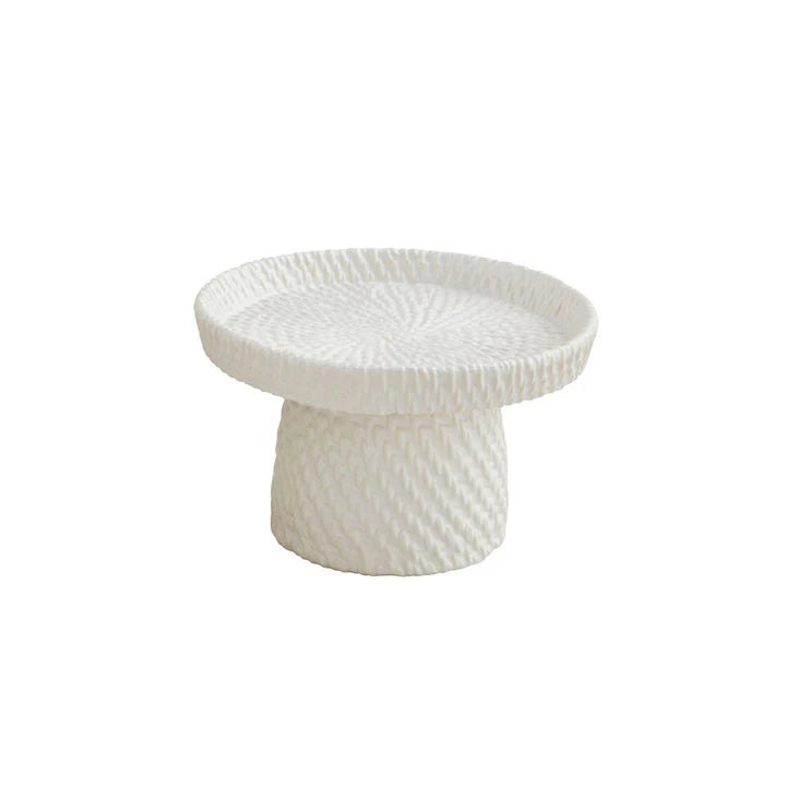 Small stoneware pedestal server shown on a white background.