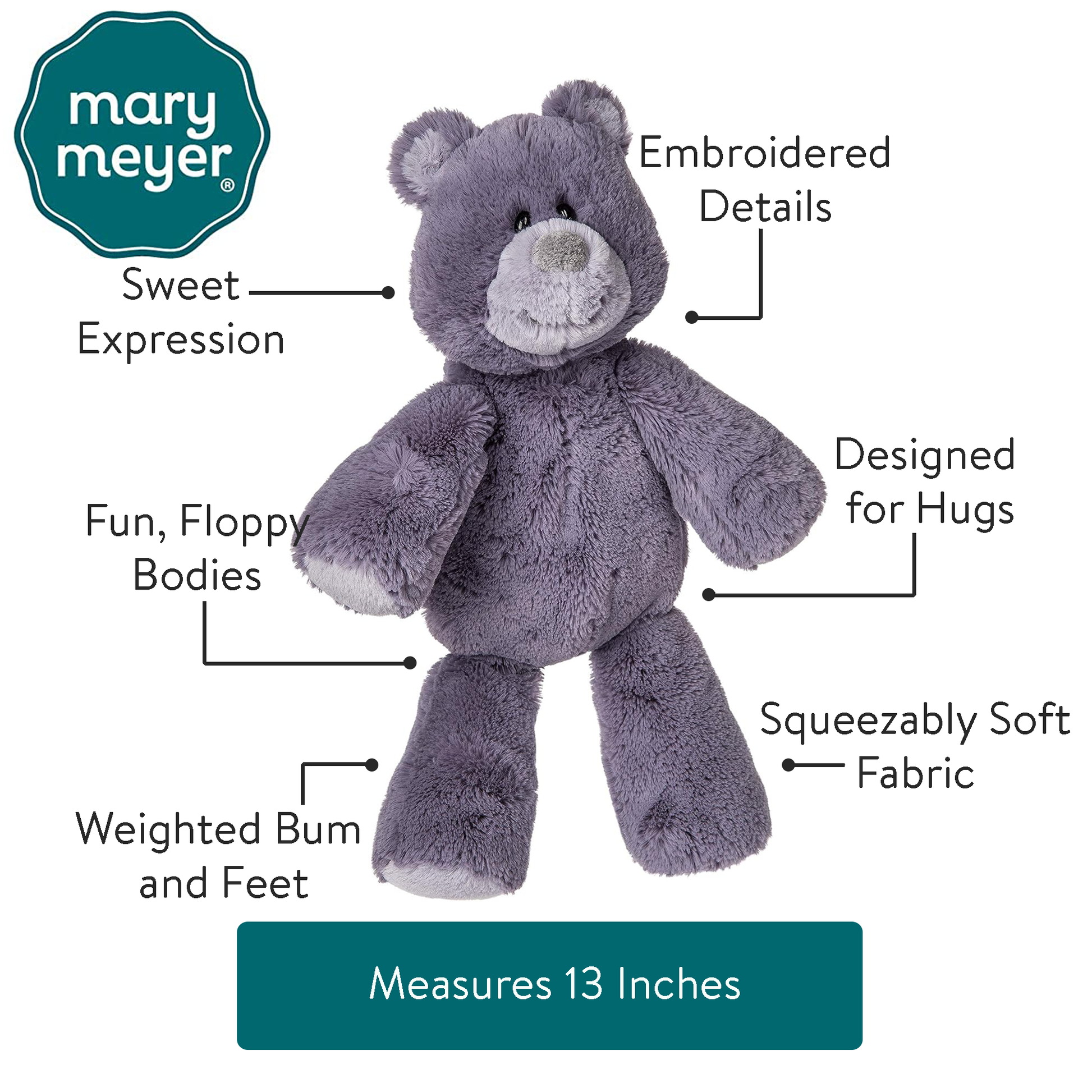 purple teddy bear with features labeled on a white background