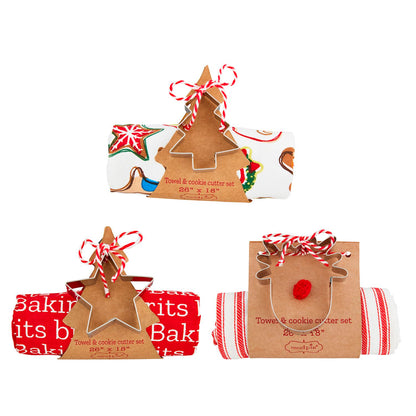 3 styles of christmas towels and cookie cutters.