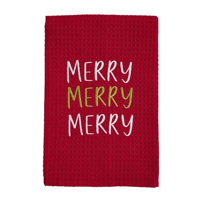 red waffle weave towel with "merry merry merry" embroidered on it.