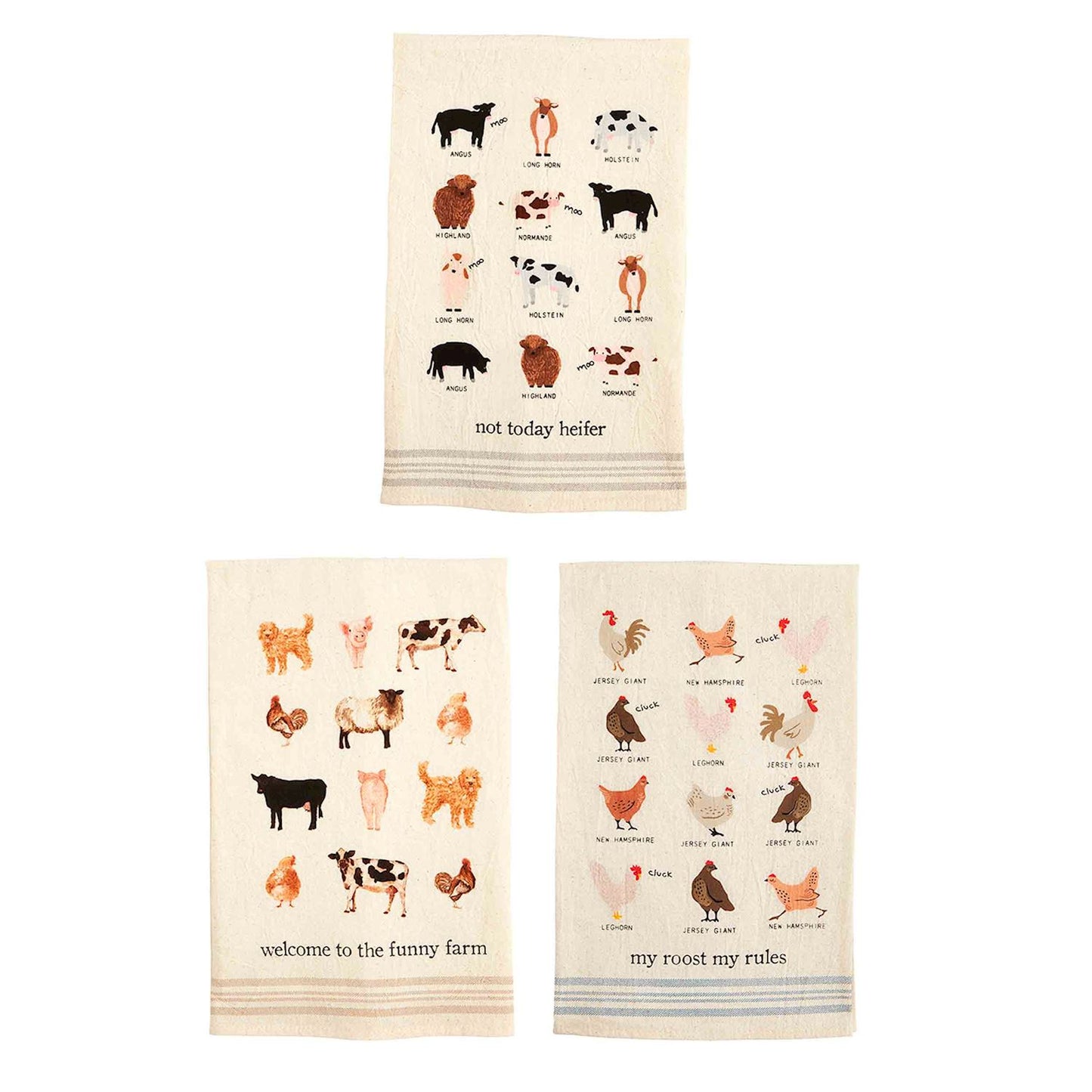 3 styles of farm animal towels on a white background.