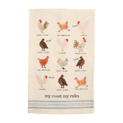 "my rooster my rules" towels printed with 12 chickens and their names.