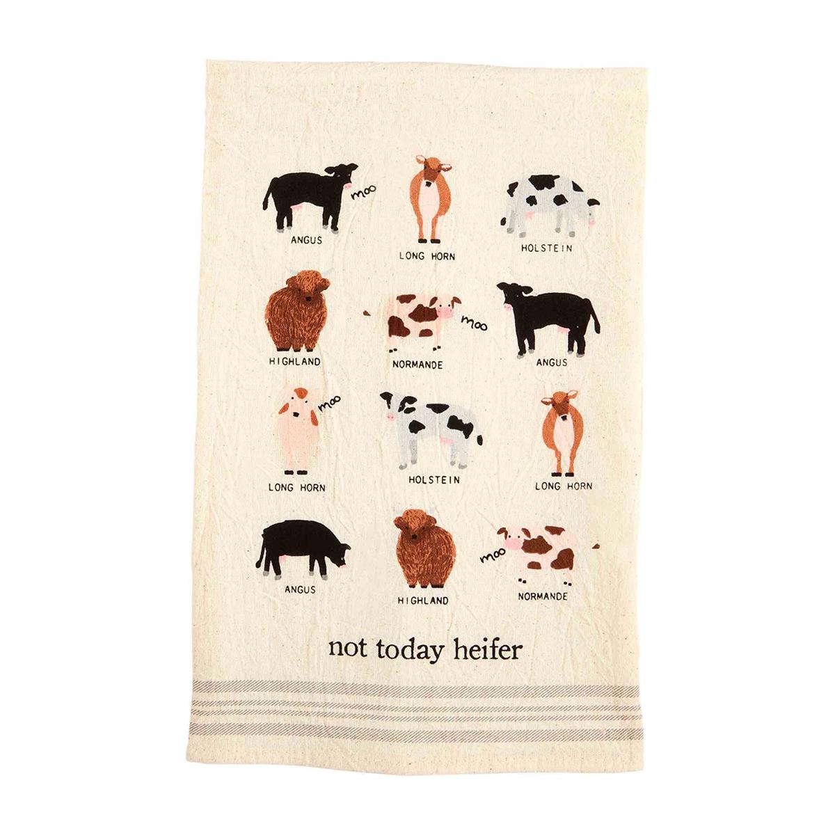 "not today heifer" towel printedw ith a variety of cows, their names, and "moo" printed here and there.